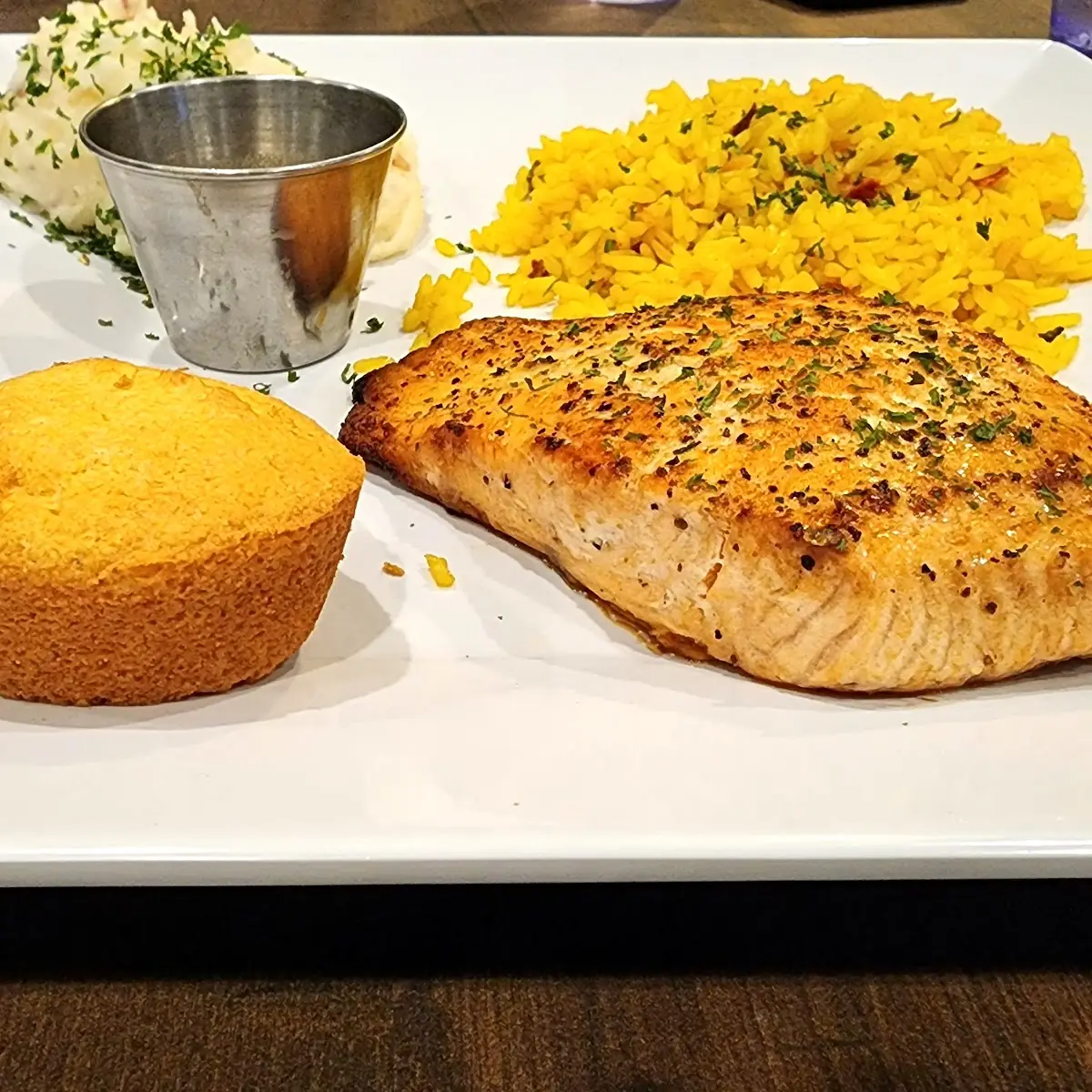 Seared Salmon with Saffron Rice and Mashed Potatoes