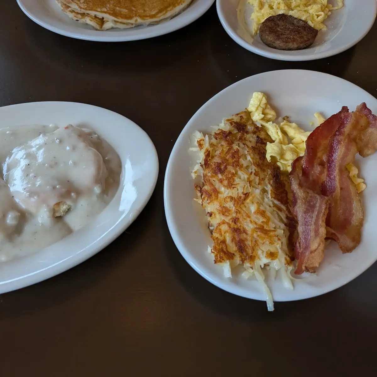 Pancakes Sausage and Hash Browns