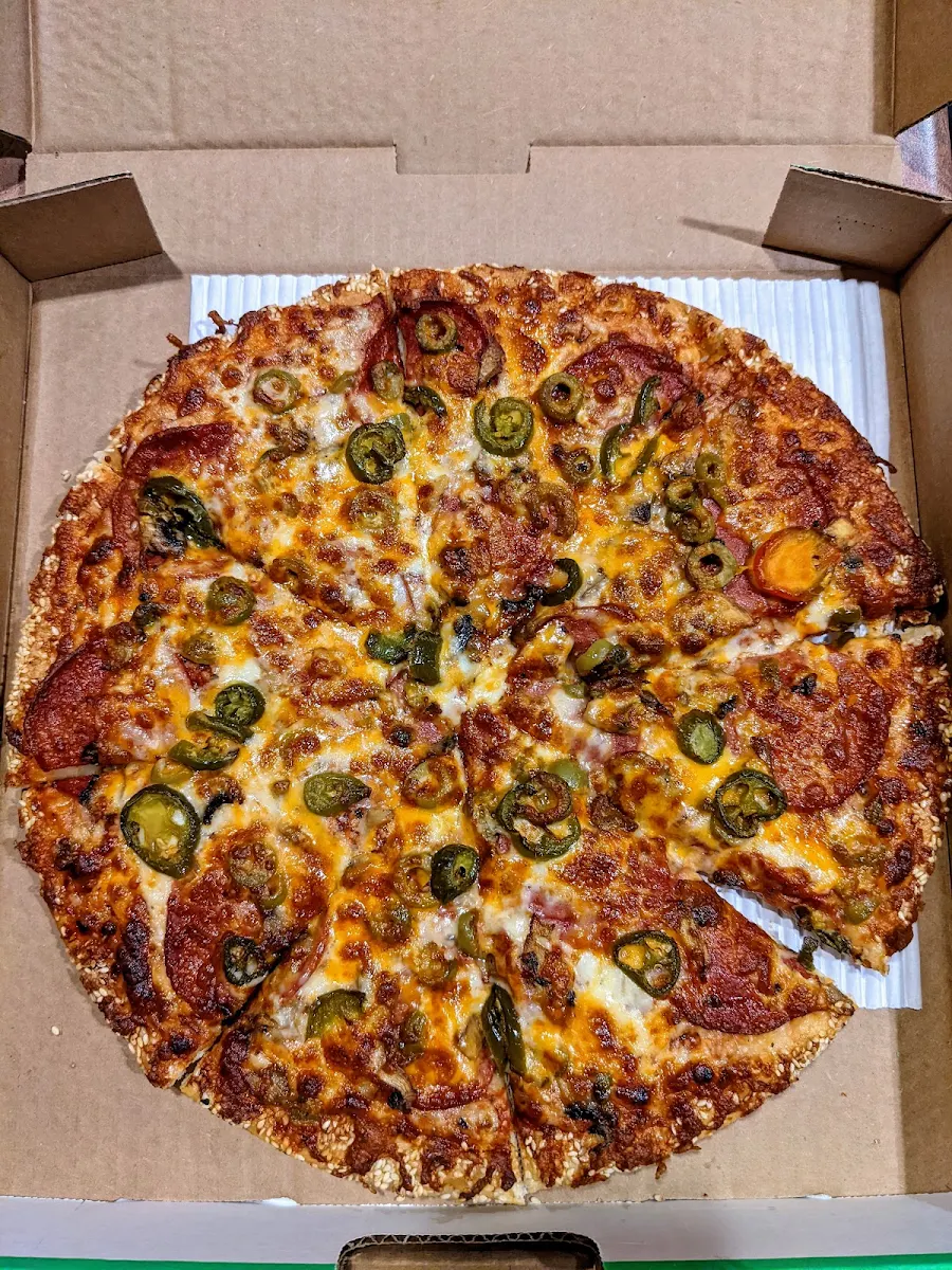 Medium Pepperoni Mushrooms Green Olives Garlic and Jalapeno Peppers, Red Swan Pizza - Welland