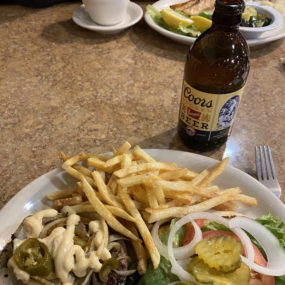 Burger with Grilled Onions and Jalapeños