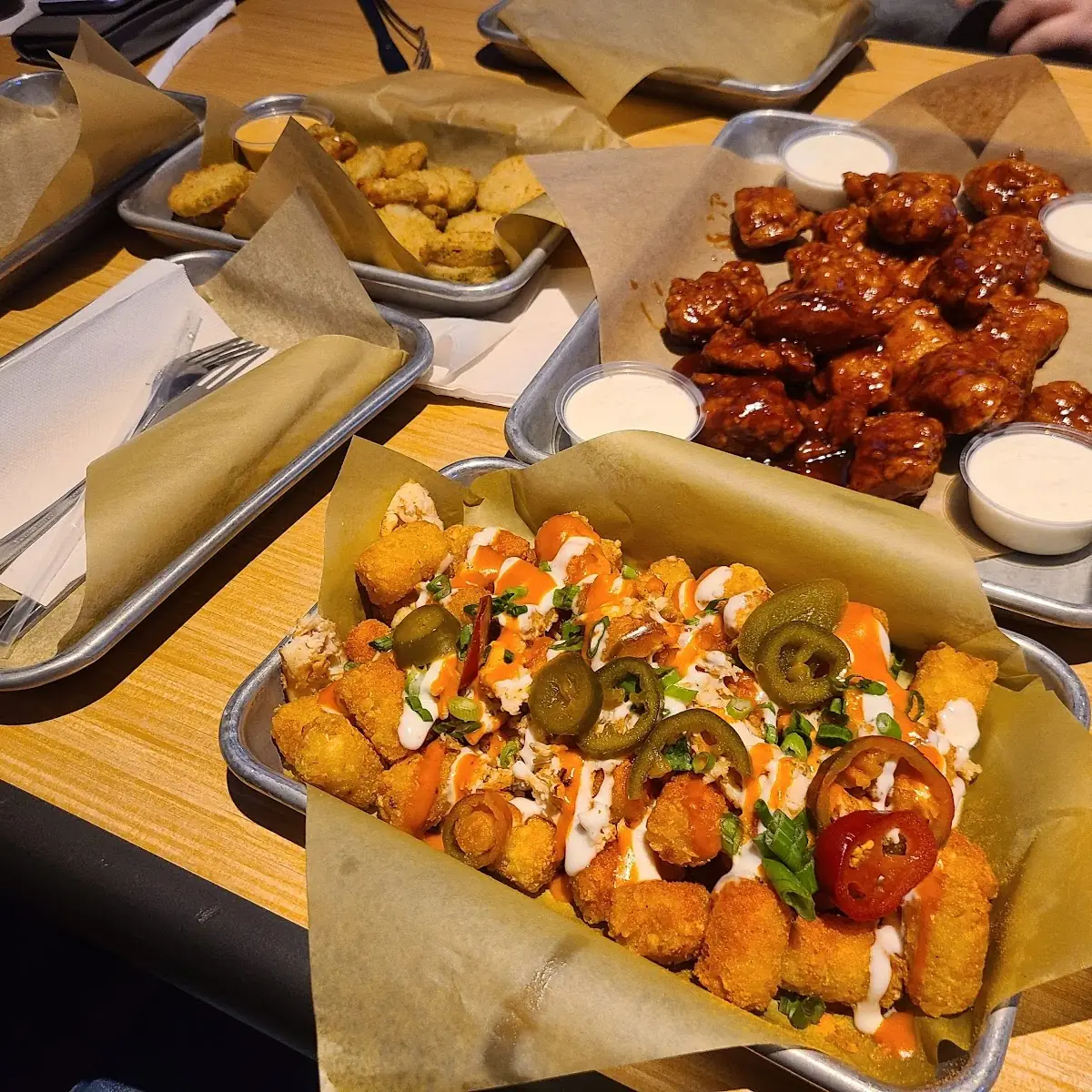 Boneless Wings Fried Pickles and Loaded Tator Tots