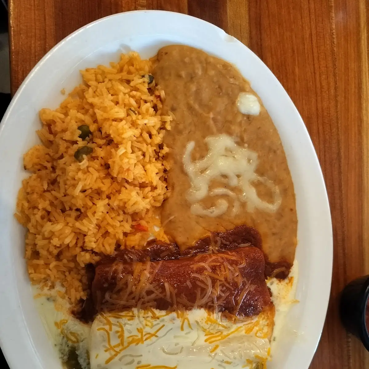 5 One Enchilada One Tamale Mexican Rice & Refried Beans