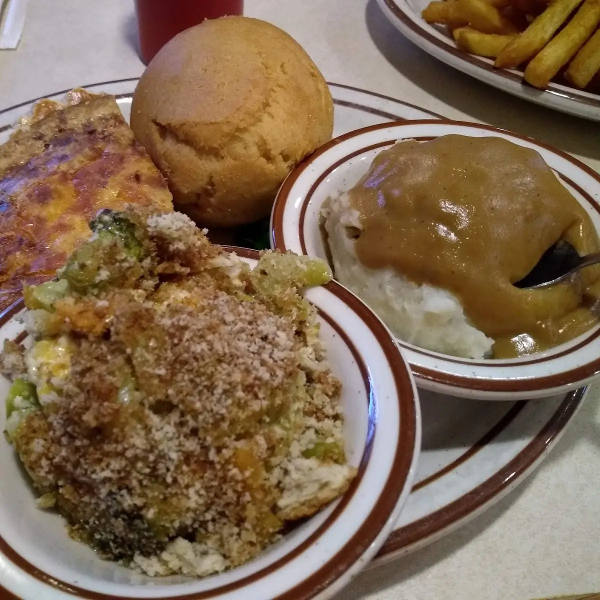 Quiche with Broccoli Casserole and Mashed Potatoes