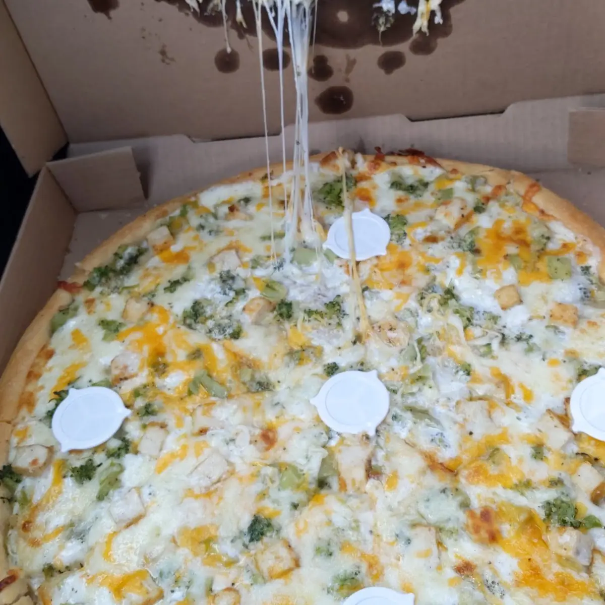 Large Deep Dish 17 Chicken Broccoli Cheddar Ranch Mozzarella Cheese Will Stretching and Oozing Down