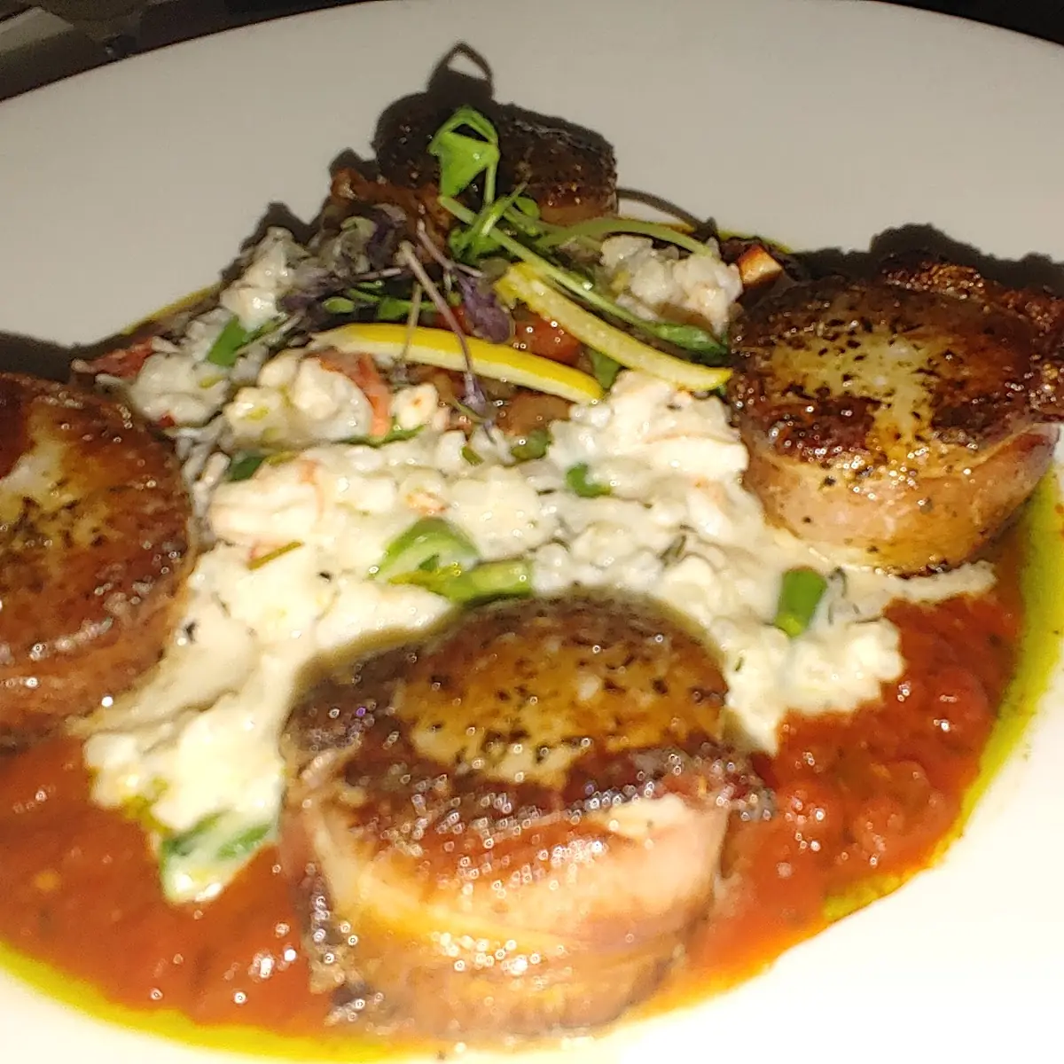 Bacon Wrapped Scallops with Lobster Asparagus Risotto in Cheese Cream Sauce