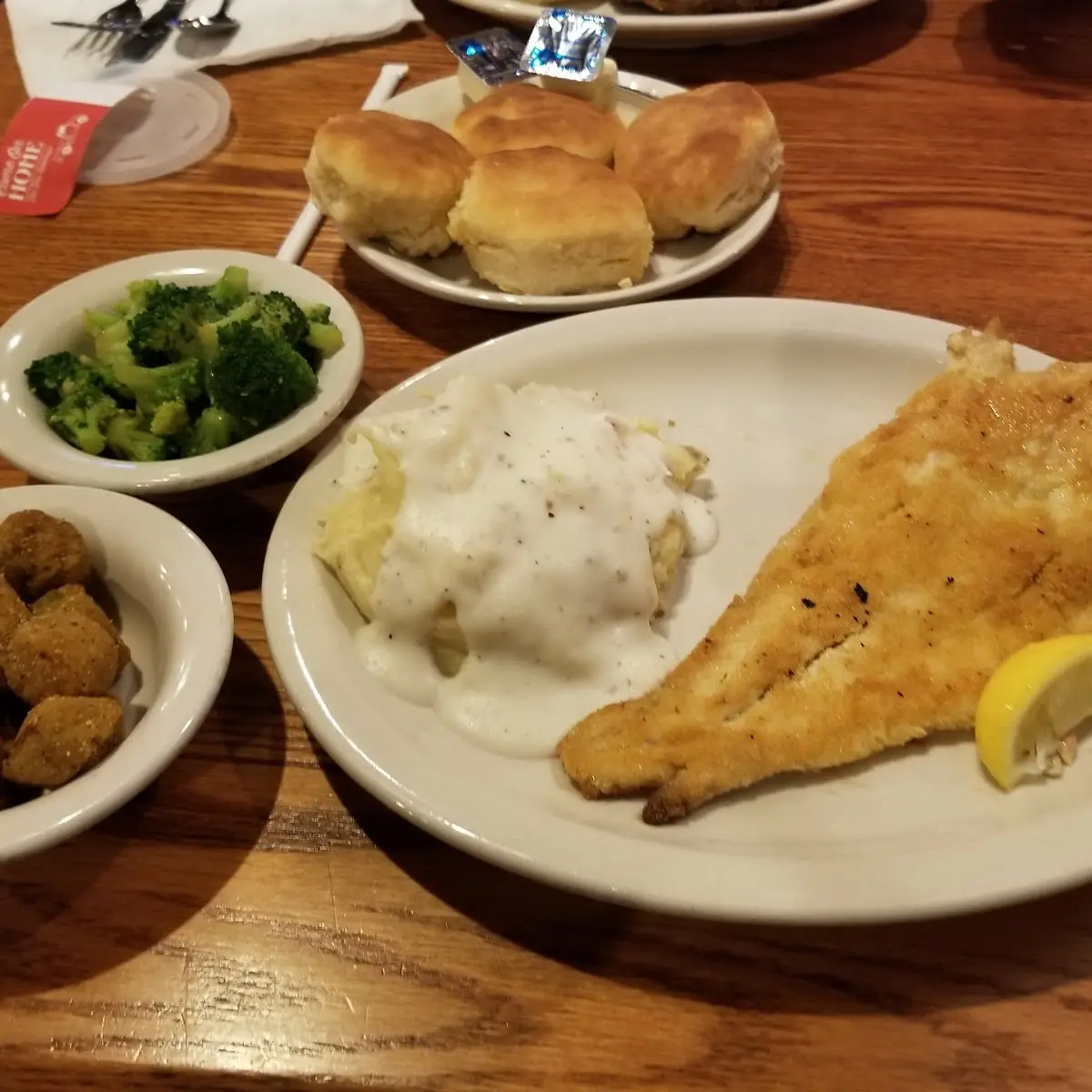 Haddock with Mashed Potatoes and Gravy Fried Okra and Broccoli