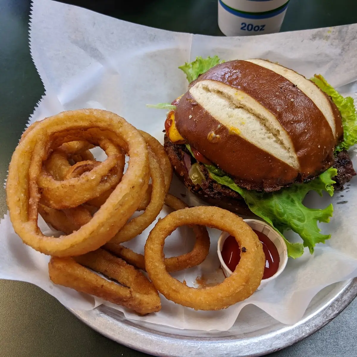 Burger and Onion Rings