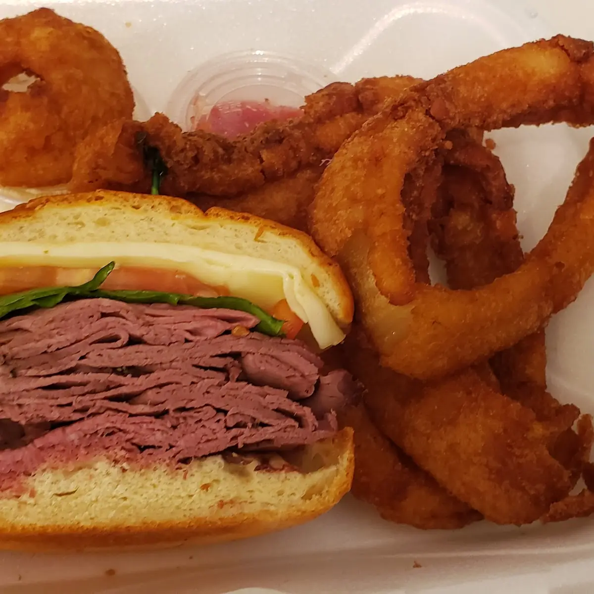Roast Beef Sandwich and Onion Rings