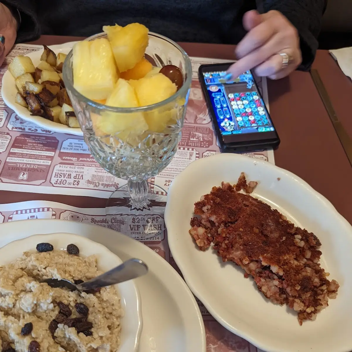 Fruit Cup Bowl Oatmeal Side of Corn Beef Hash