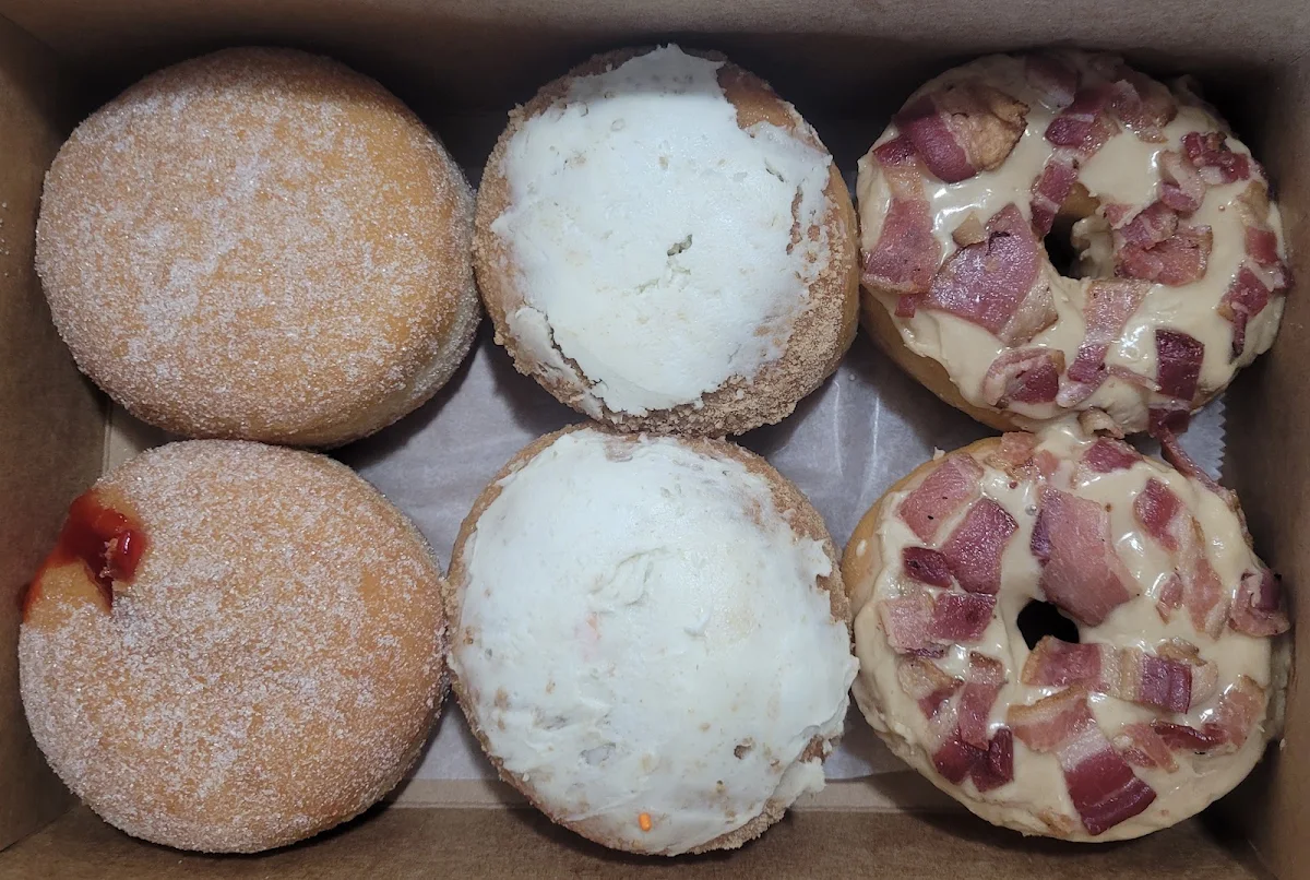 Maple Bacon Cherry Filled and Strawberry Filled Donuts