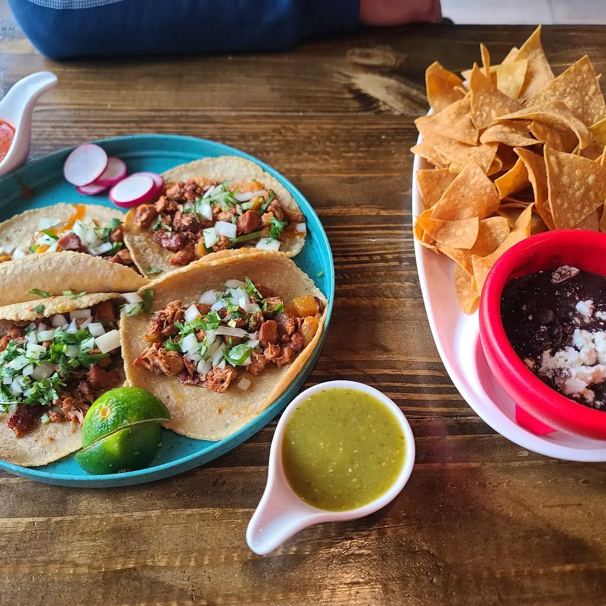 Tacos Al Pastor and Chips with Refried Beans