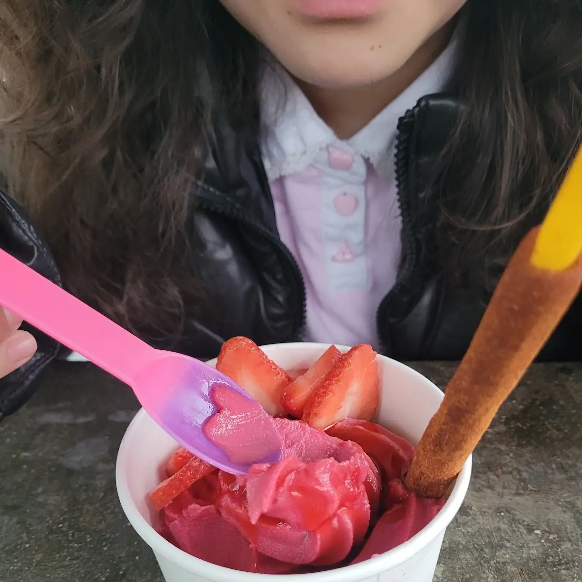 Pomegranate Raspberry Frozen Yogurt w Strawberries Chamoy & Tamarindo Stick