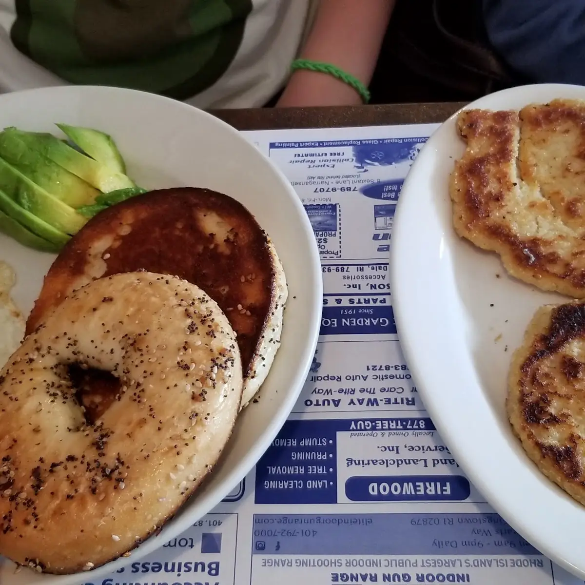 Everything Bagel Grilled 2 over Medium Eggs Avacado and Johnny Cakes