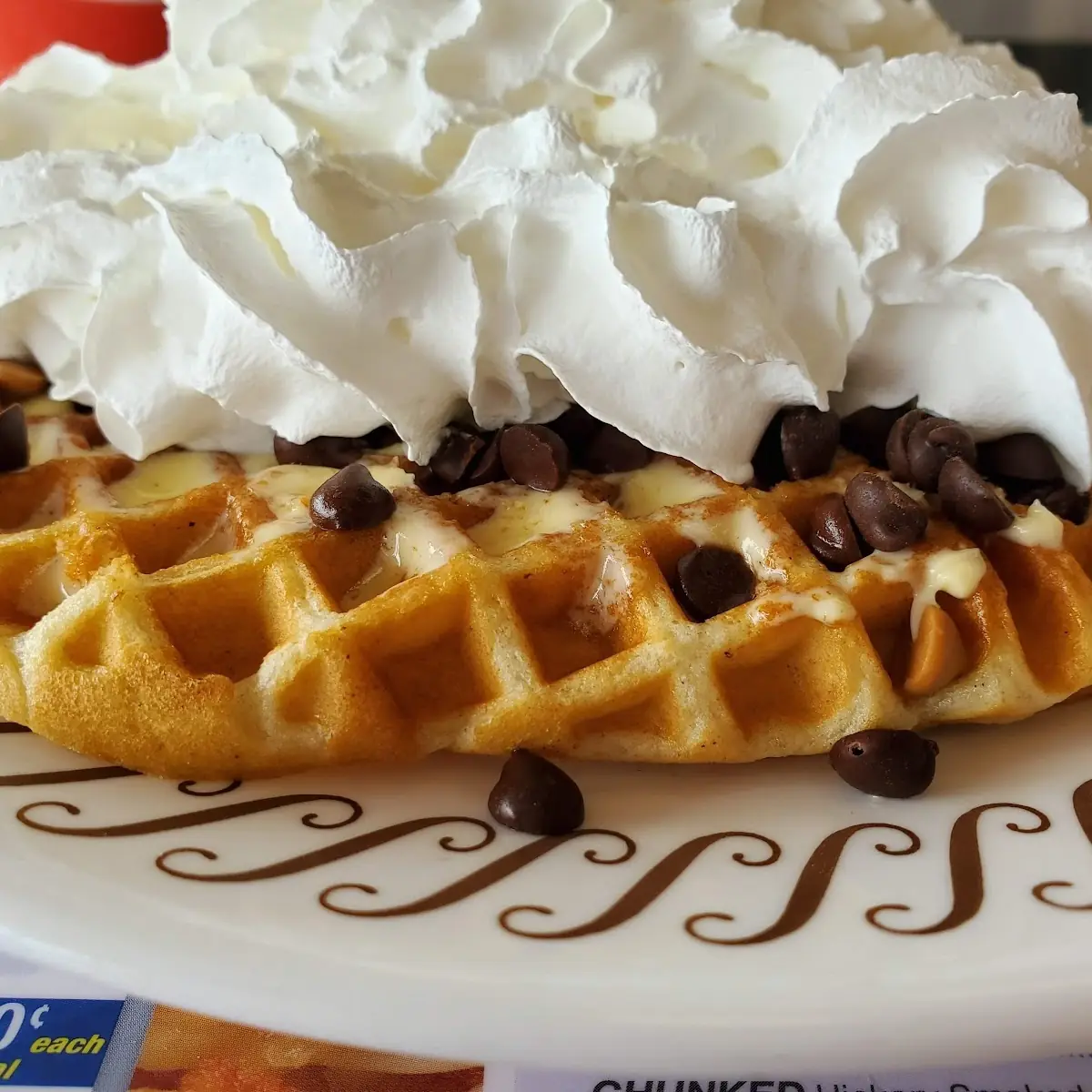 Chocolate Chip Peanut Butter Waffle with Whipped Cream