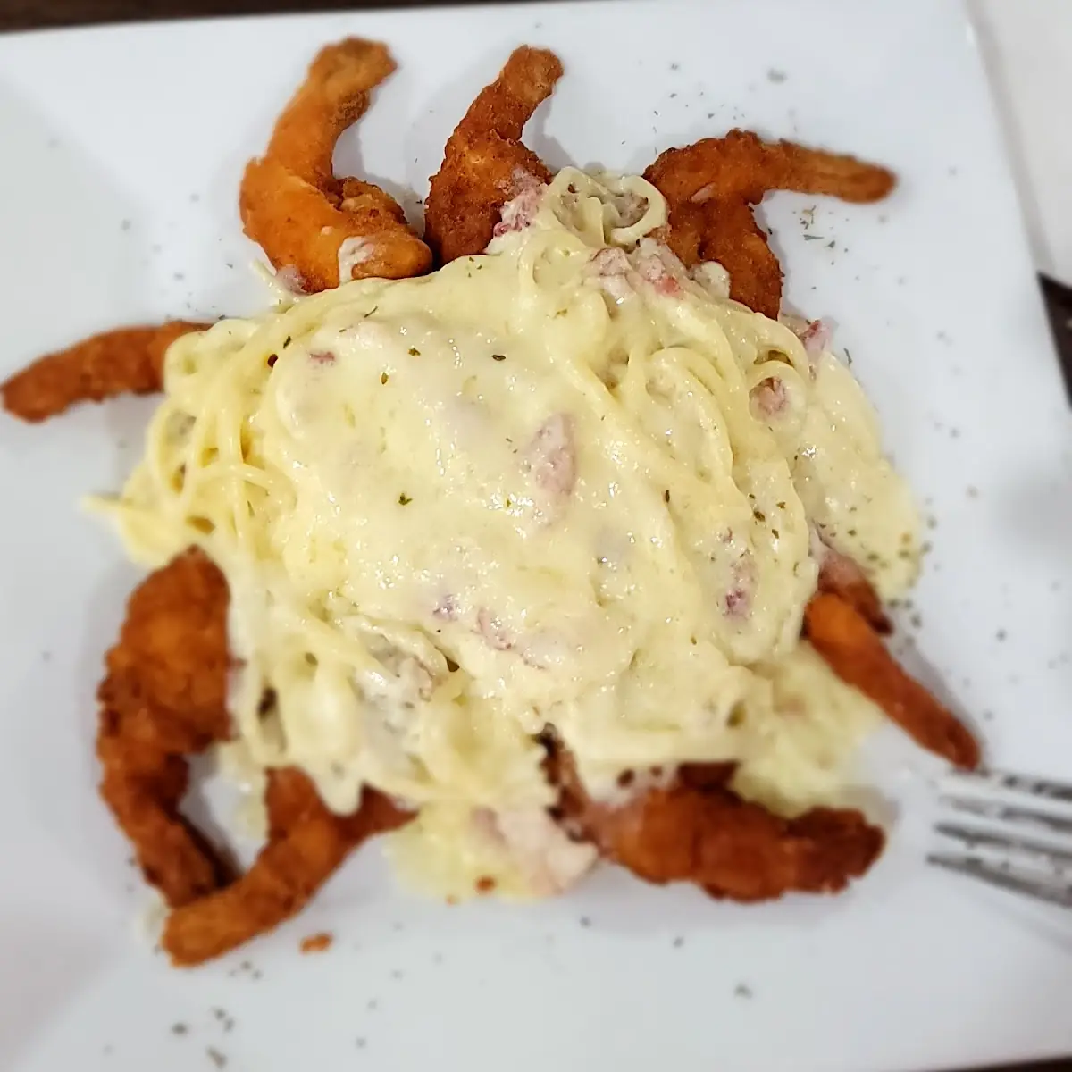 Linguine Carbonara w Fried Shrimp