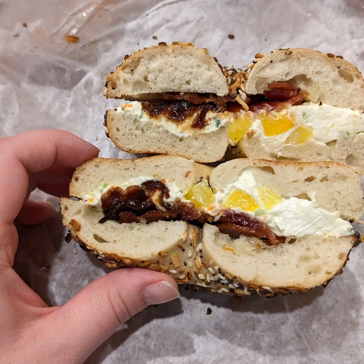 Everything Bagel with Veggie Cream Cheese and Bacon