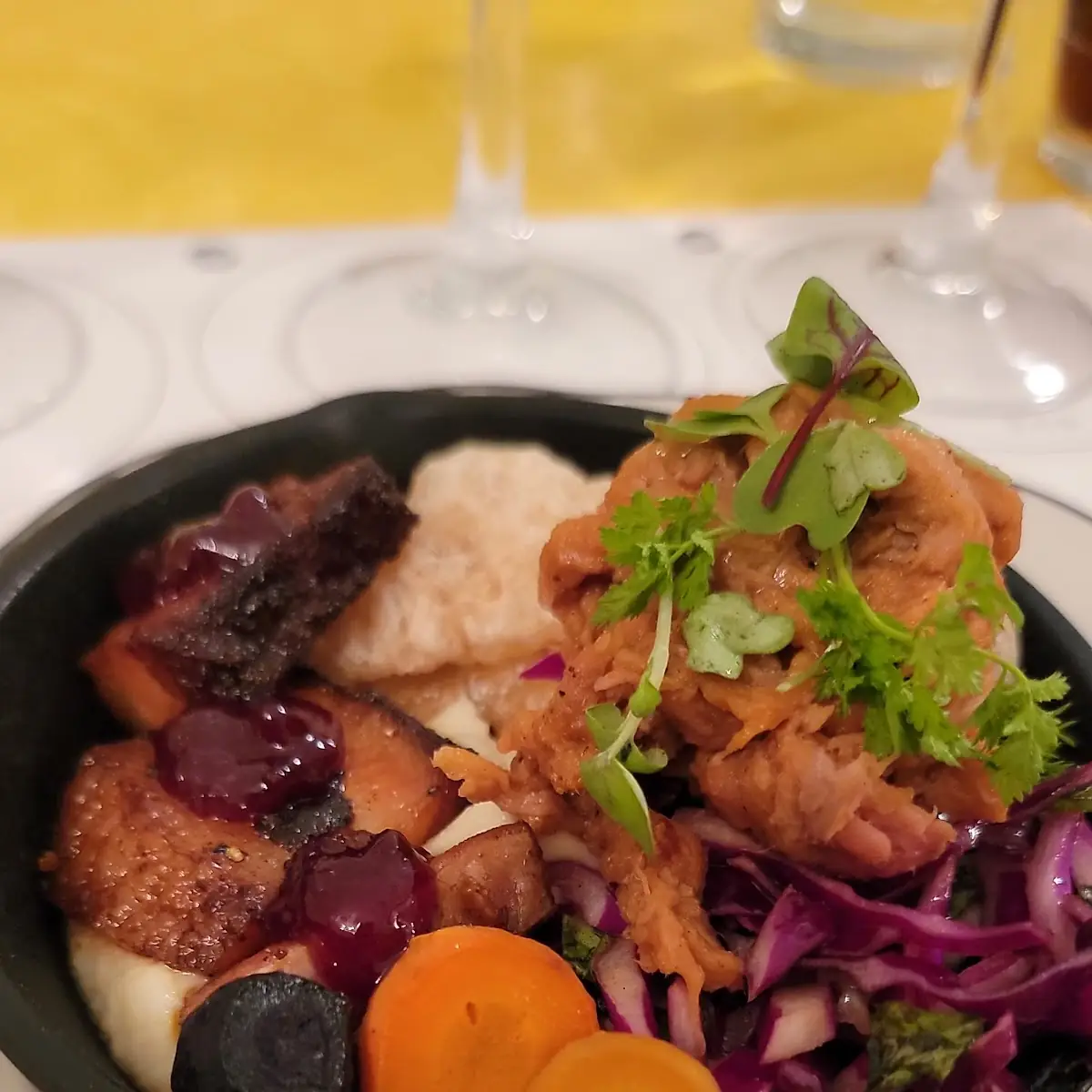 Cubed Smoked Pork Belly Pickled Red Onion Sour Cherry Compote Parsnip Puree AMD Pineapple Cider