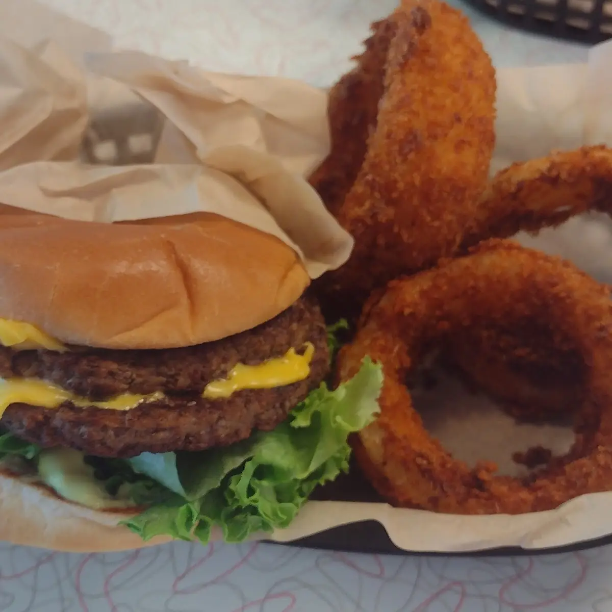 Half Pound Colossal Burger and Walla Walla Onion Rings