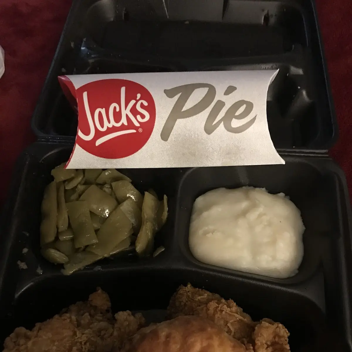 Two Piece Chicken Meal with Mashed Potatoes Green Beans and Apple Pie