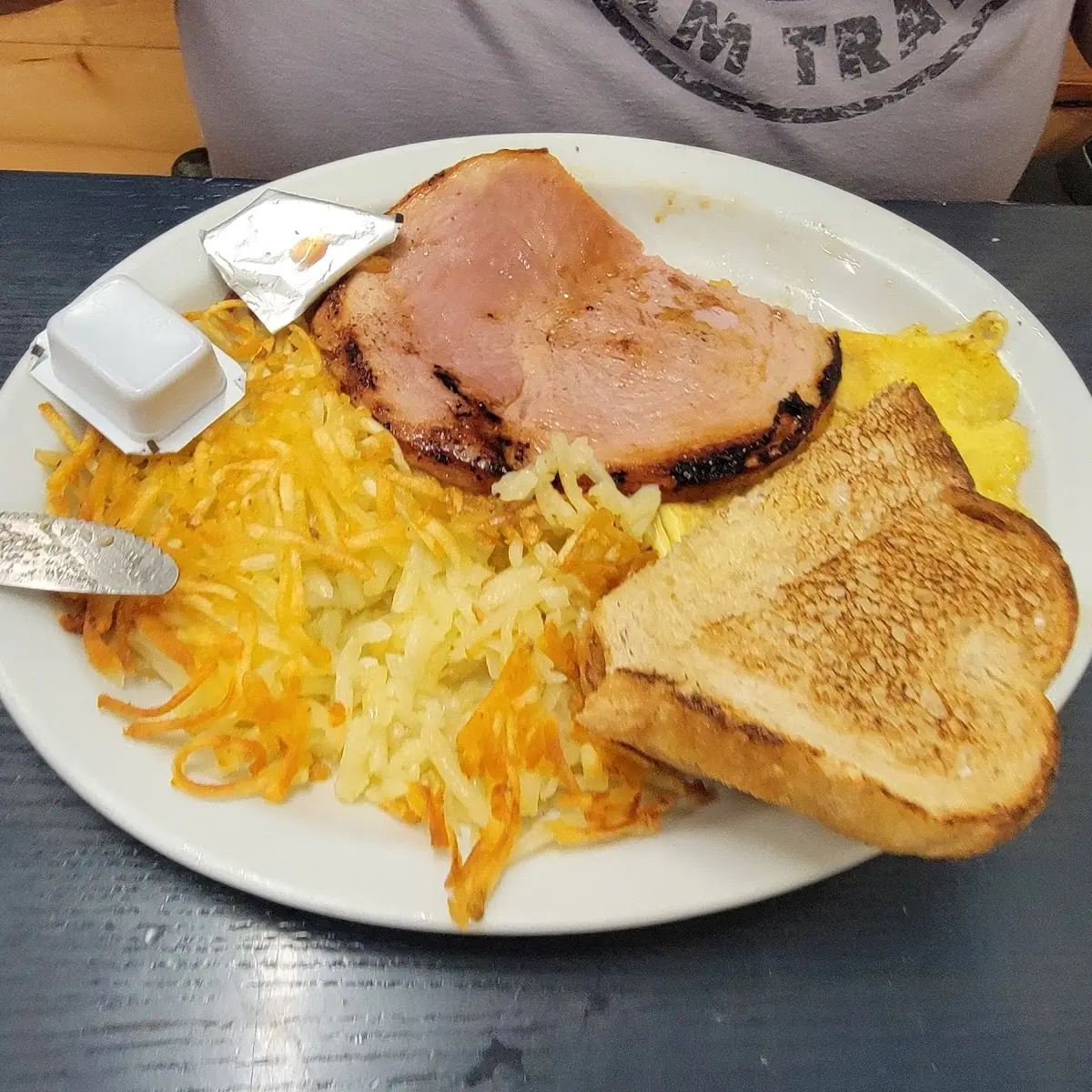 Ham Eggs Hash Browns and Toast