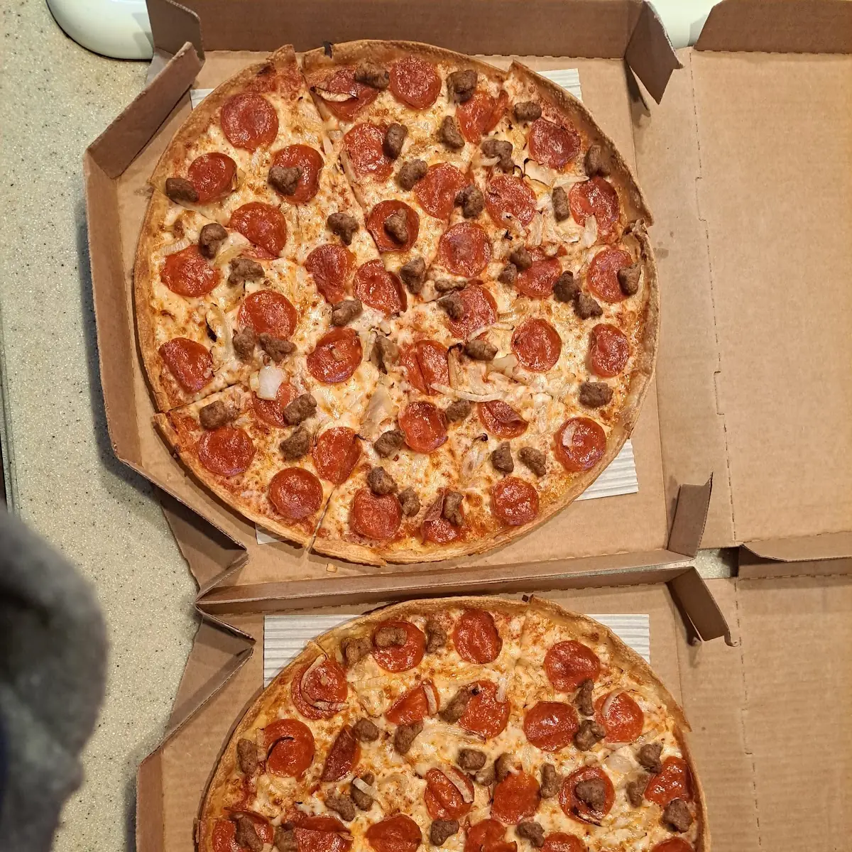 2 Large Thin and Crispy Pepperoni Sausage and Onion Pizza