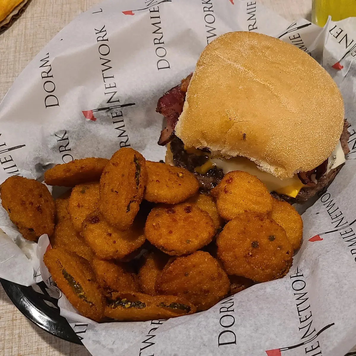 Bacon Cheese Burger and Deep Fried Pickles