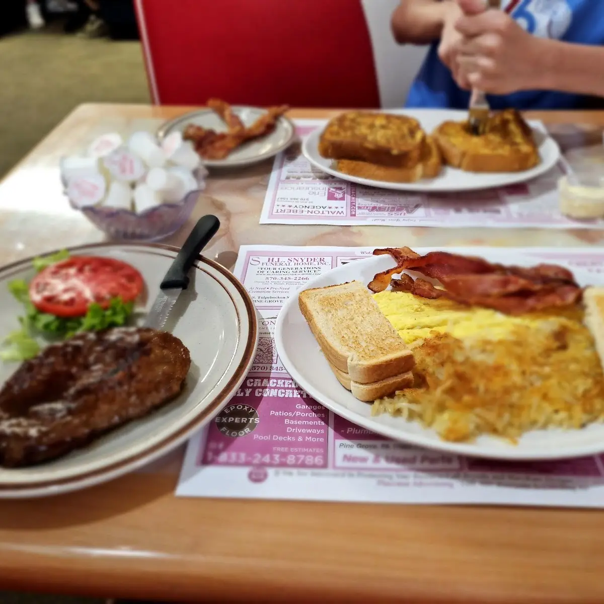 Black Diamond Steak Hash Browns Scrambled with Side of Bacon