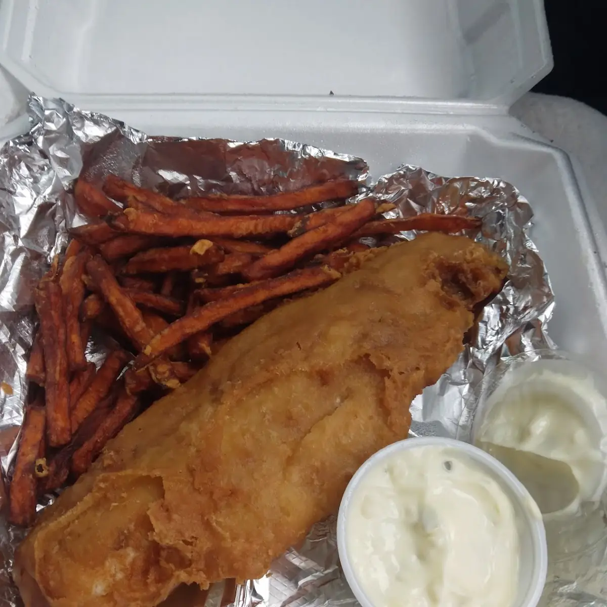 Fish Dinner Deep Fried w Sweet Potato Fries
