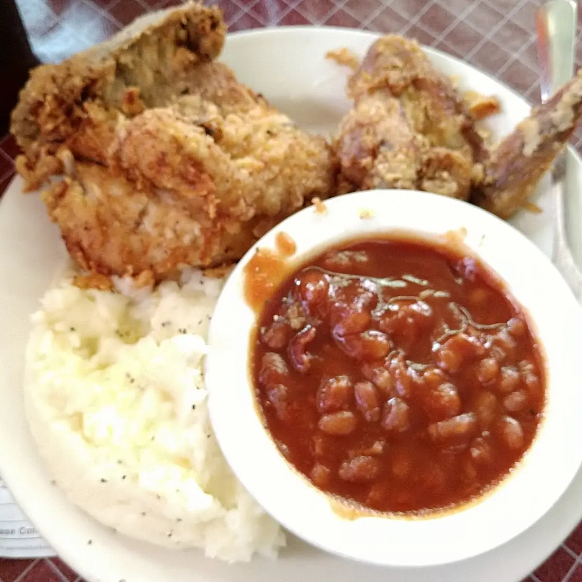 Fried Chicken Mashed Potatoes and Baked Beans