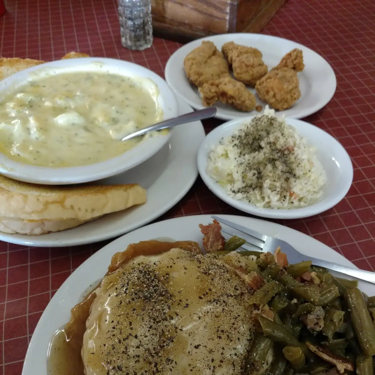 Mashed Potatoes and Brown Gravy over Breaded Tenderloin Green Beans and Slaw