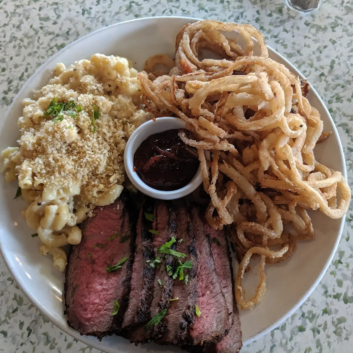 Mac N Cheese Onion Rings and Tri Tip Entree