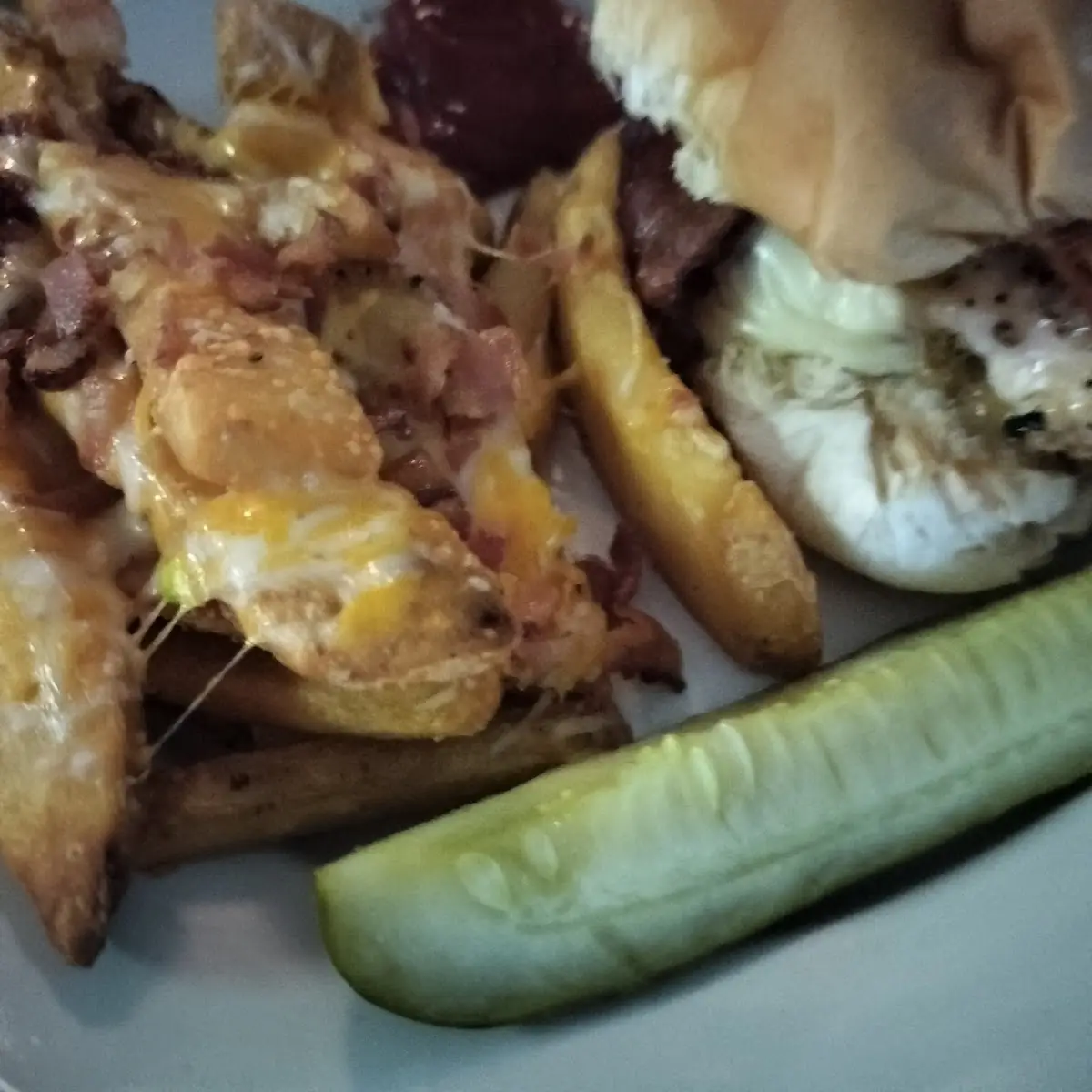 Bacon Cheddar Fries and Breakfast Burger