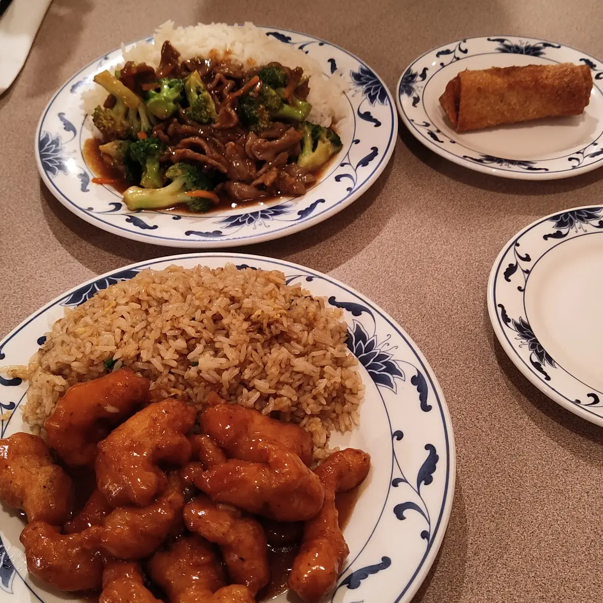 Sweet and Sour Chicken with Fried Rice Broccoli Beef and Eggrolls