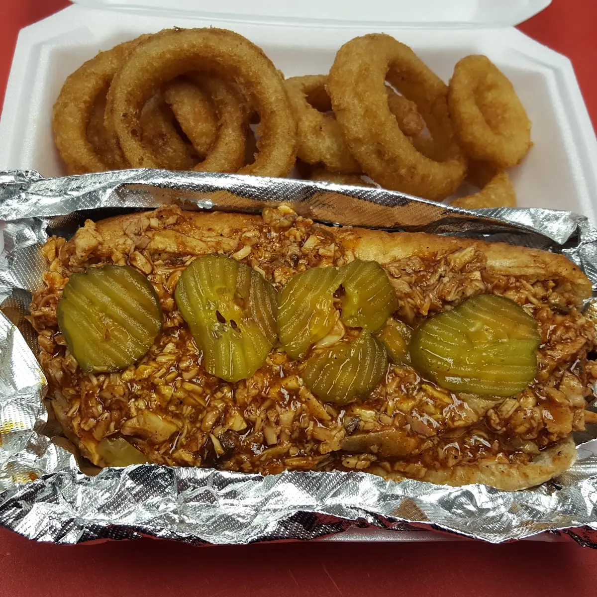 Pulled Pork Sandwich with Onion Rings