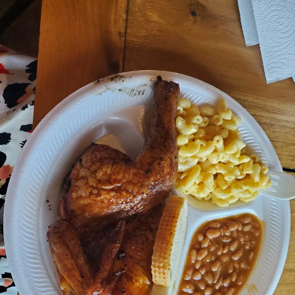 Smoked Chicken with Baked Beans and Mac and Cheese