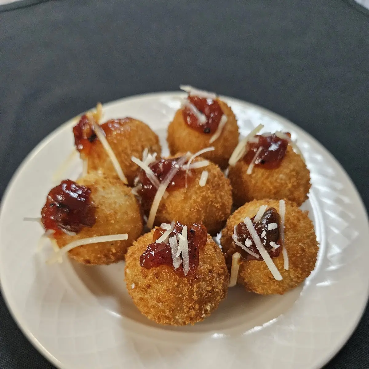 Smoked Gouda Arancini with Pepper Jelly Drizzle