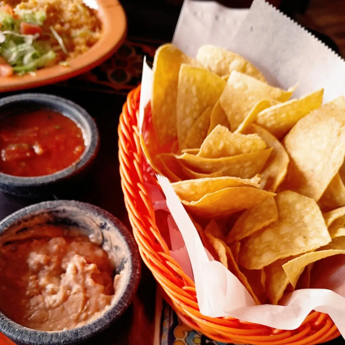 Chips Salsa and Bean Dip
