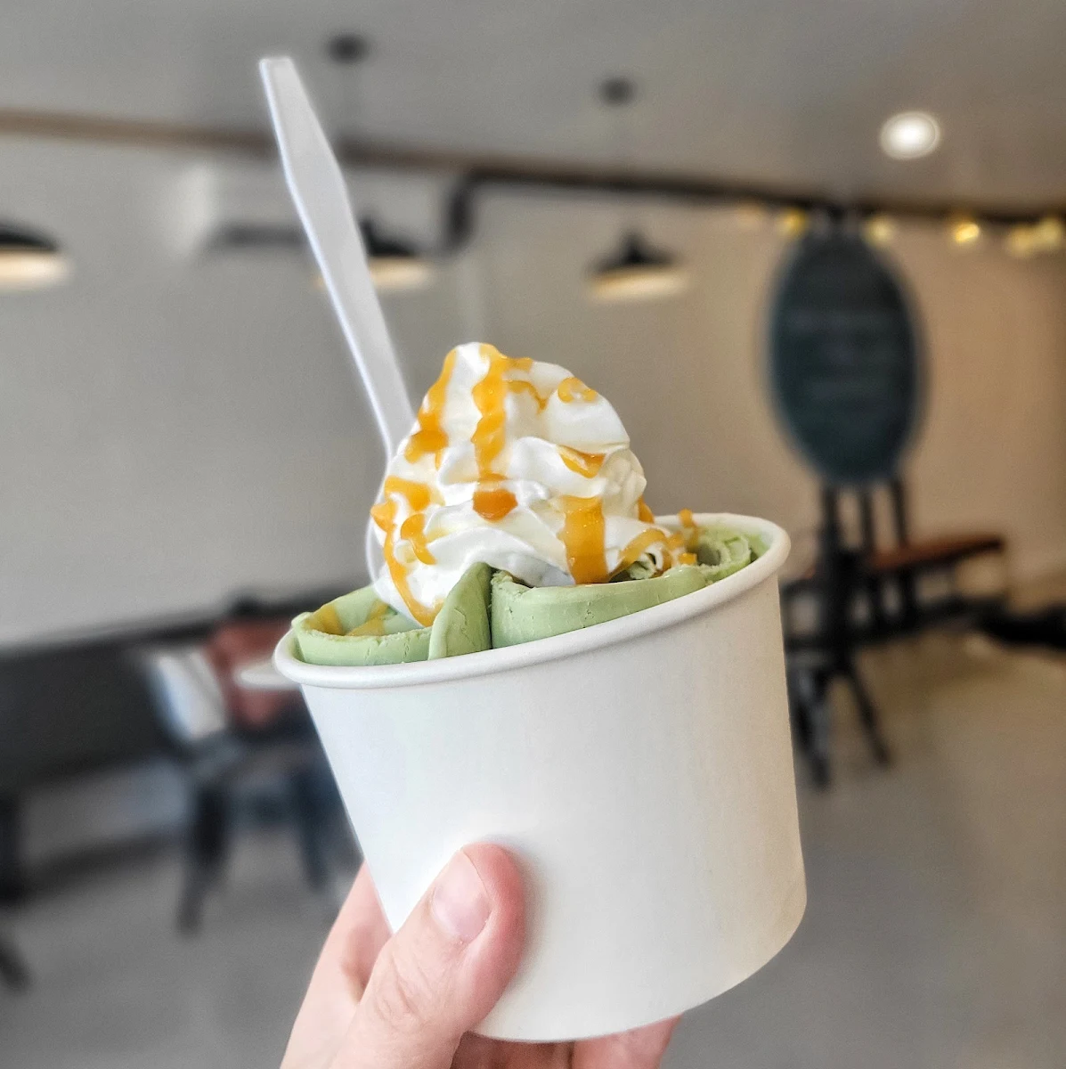Matcha Rolled Ice Cream with Caramel Drizzle