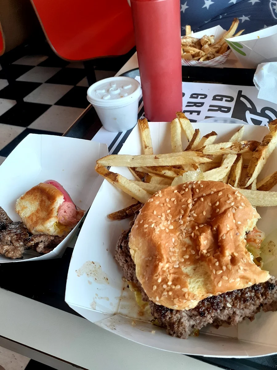 Double Cheeseburger Deluxe and a Hot Dog