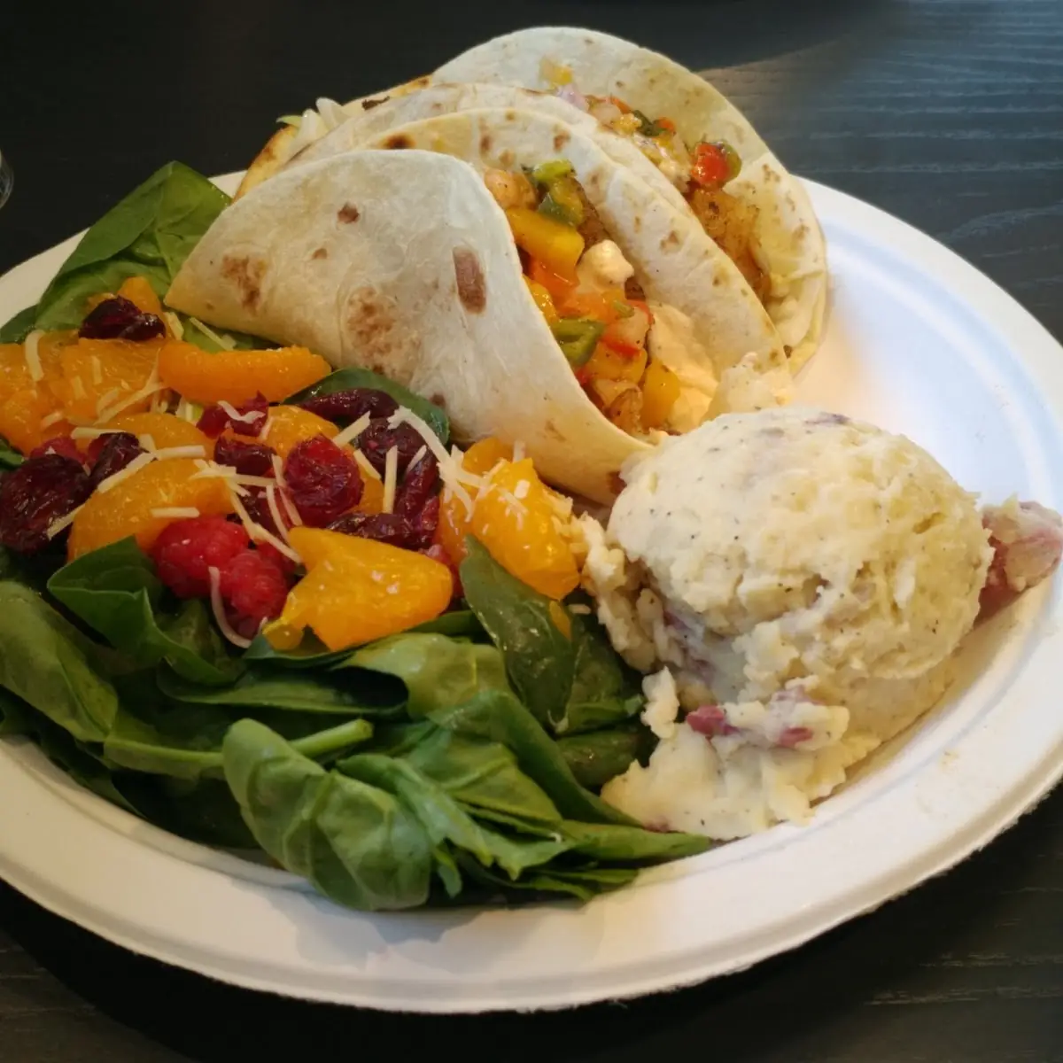 Fish Tacos Baby Spinach Salad and Mashed Red Potatoes
