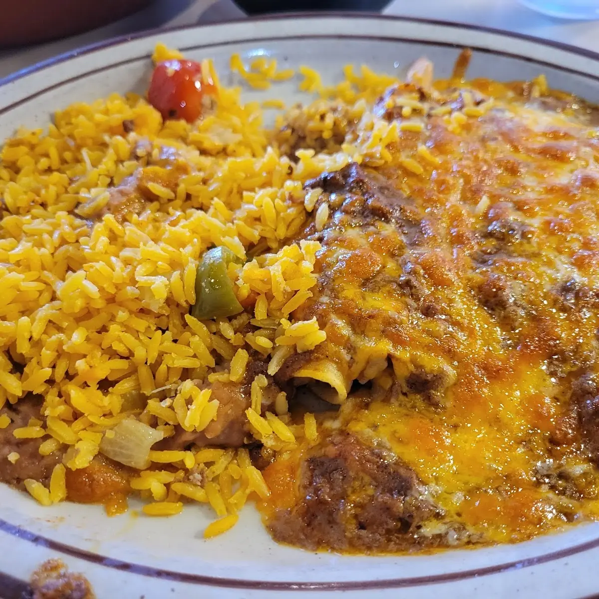 Chicken Enchilada with Mexican Rice and Pintos