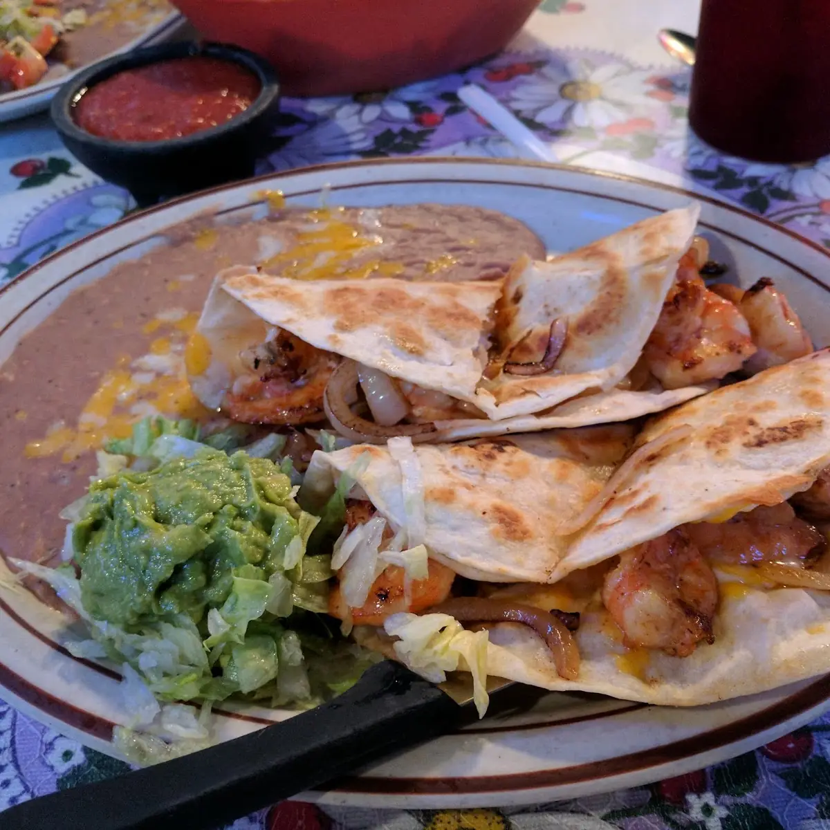 Shrimp Quesadilla with Guacamole and Refried Beans