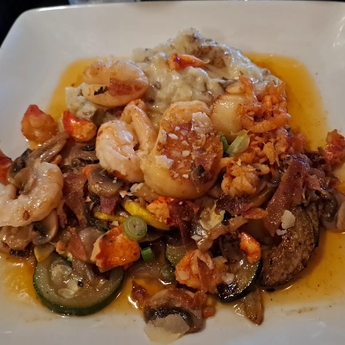 Shrimp Scallops and Lobster over Mashed Potatoes