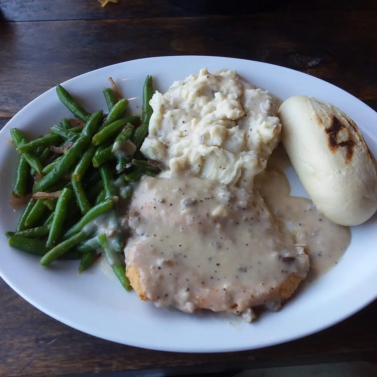 Chicken-Fried Chicken Mashed Potatoes and Gravy and Green Beans with Bacon