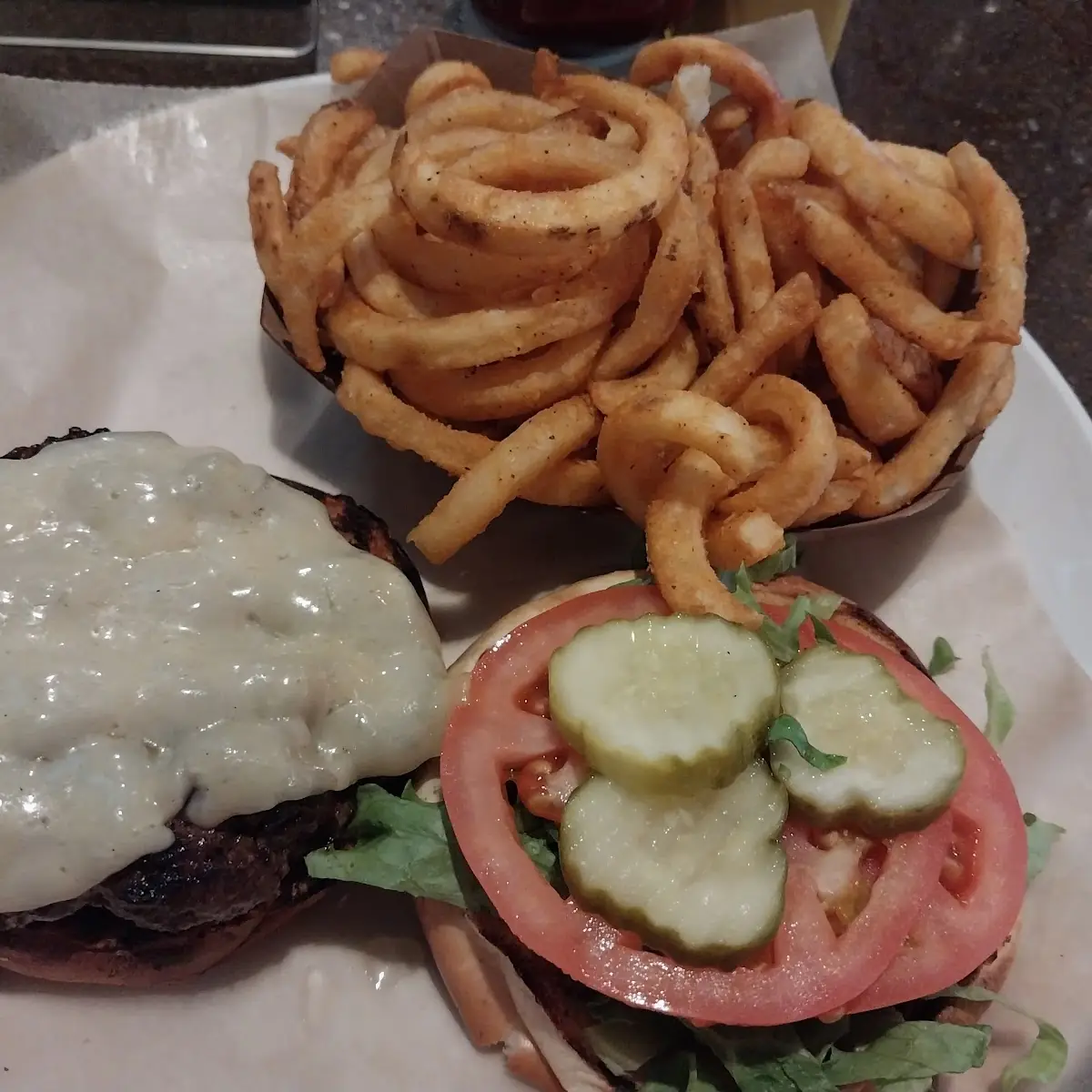Cheeseburger and Onion Rings