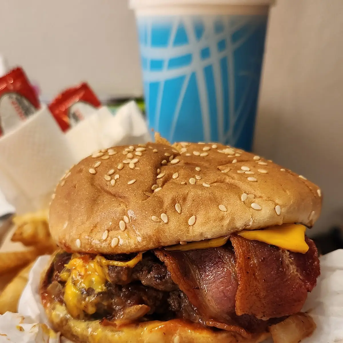 Hazel's Double Cheeseburger Added Bacon and Grilled Onions Take Off Lettuce and Tomatoes