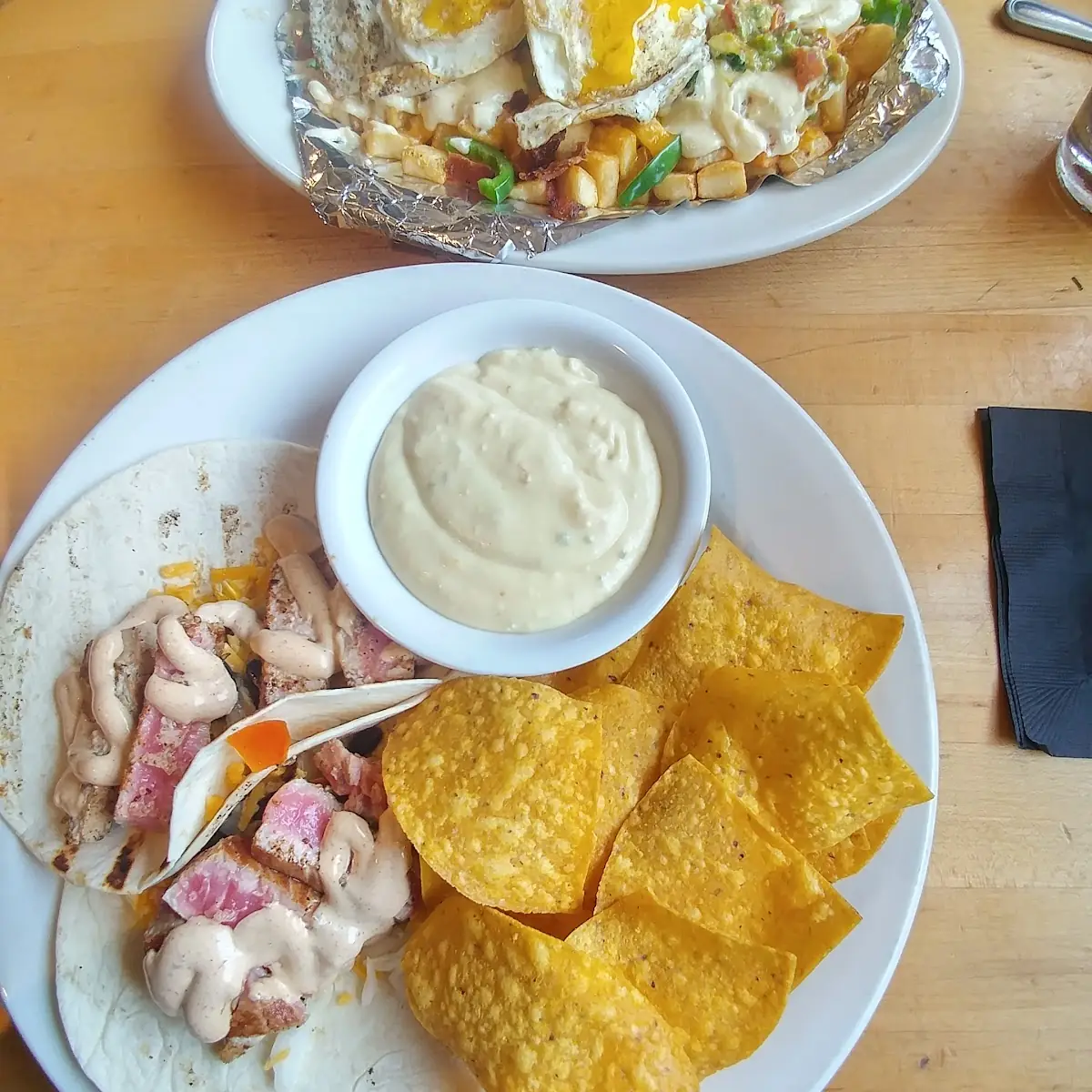 Tuna Tacos w Chips and Queso Dip and Breakfast Nachos