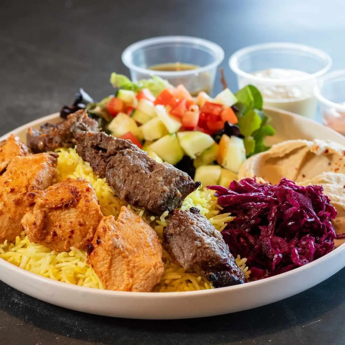 Grilled Chicken Shashlik with Rice and Hummus