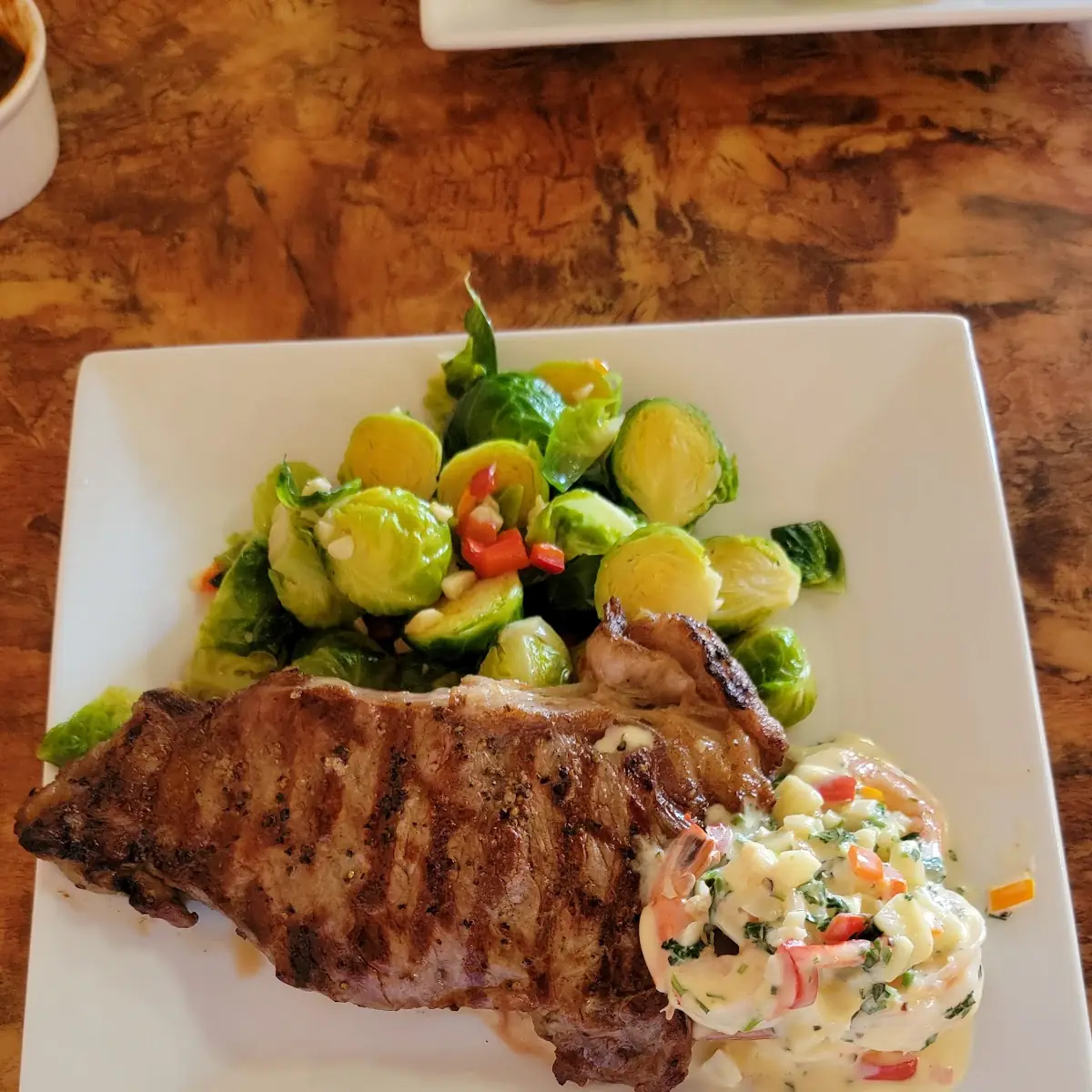 Rib Eye with Prawns and Brussel Sprouts