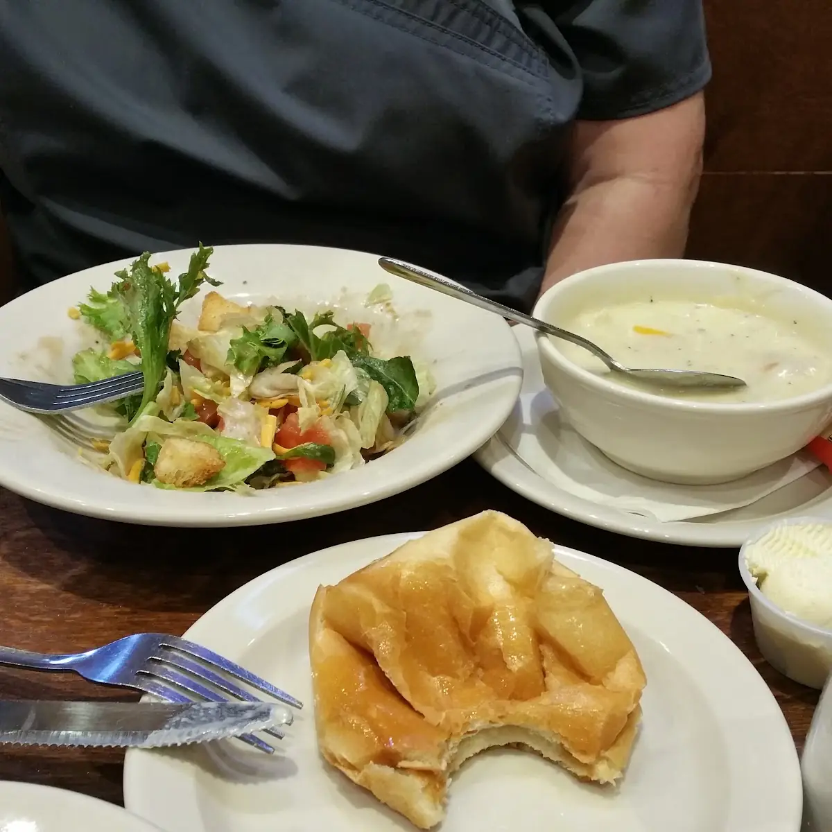 Side Salad Potato Soup and Rolls